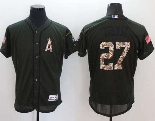 Angels of Anaheim #27 Mike Trout Green Flexbase Authentic Collection Salute to Service Stitched MLB Jersey - Click Image to Close
